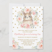 赤面フローラバニーラビット1回目の誕生日ピンク金ゴールド 招待状 (正面)