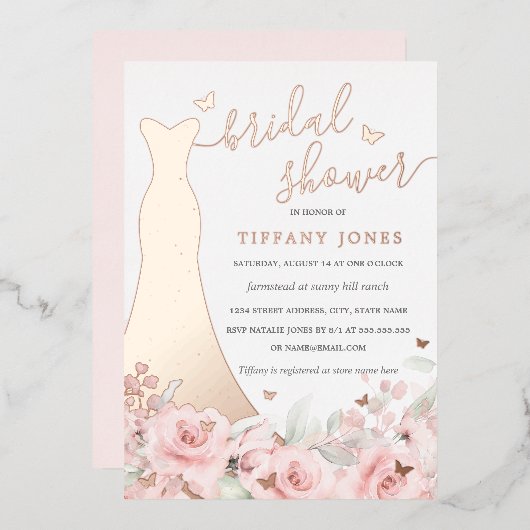 赤面フローラバラドレスバラ金ゴールドブライダルシャワー 箔招待状 (正面/裏面)