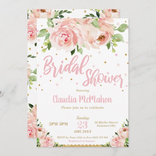 赤面フローラバラブライダルシャワーピンクと金ゴールド 招待状 (正面/裏面)