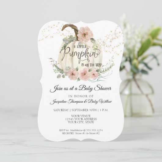 赤面フローラバラ秋ホワイトパンプキンベビーシャワー 招待状 (スタンド正面)