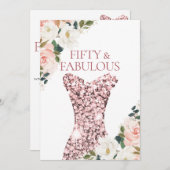 赤面フローラバラ金ゴールドスパークルドレス50th誕生日 招待状 (正面/裏面)