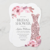 赤面フローラバラ金ゴールドドレスブライダルシャワー 招待状 (正面/裏面)