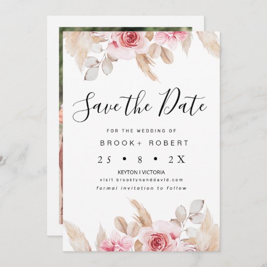 赤面フローラパンパスウェディングデイトカードを保存 招待状 (正面/裏面)