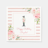 赤面フローラピンクストライプパーティー1st誕生日 スタンダードカクテルナプキン (正面)