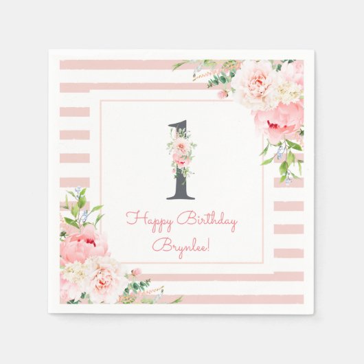 赤面フローラピンクストライプパーティー1st誕生日 スタンダードカクテルナプキン (正面)