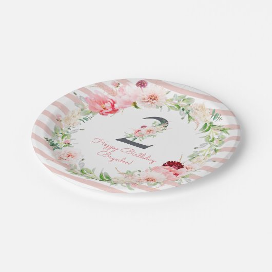 赤面フローラピンクストライプパーティー2nd誕生日 ペーパープレート (アングル)