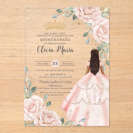 赤面フローラピンクドレスプリンセスガウンキンセアニラ アクリル招待状 (正面)