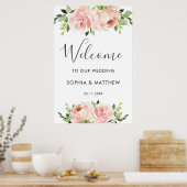 赤面フローラピンク結婚の花の歓迎サイン ポスター (キッチン)