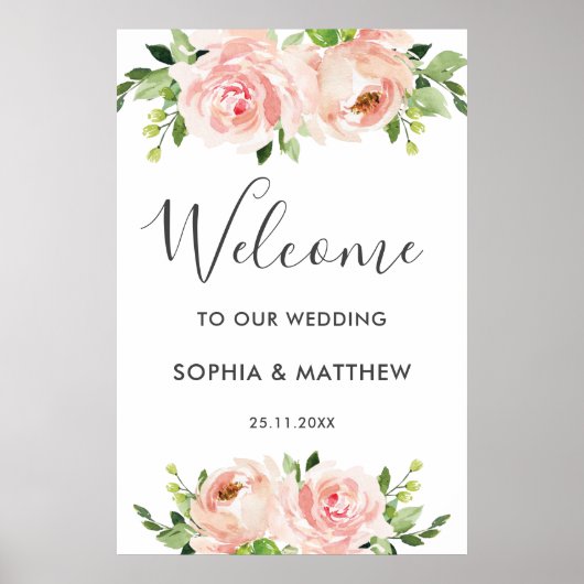 赤面フローラピンク結婚の花の歓迎サイン ポスター (正面)
