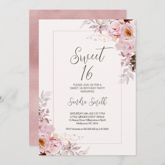 赤面フローラフレームスウィート16誕生日招待状 招待状 (正面/裏面)
