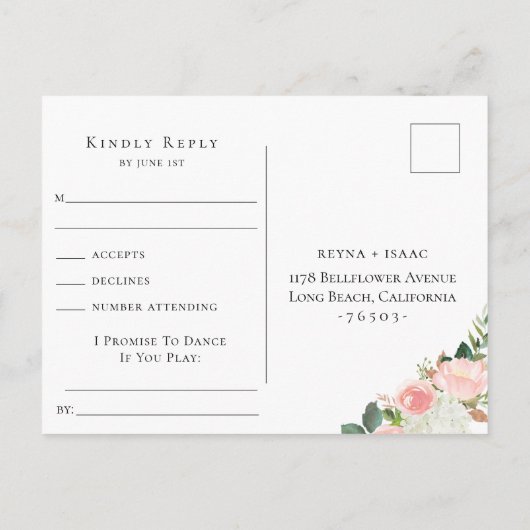 赤面フローラフレーム結婚式RSVP曲要求 インビテーションポストカード (裏面)
