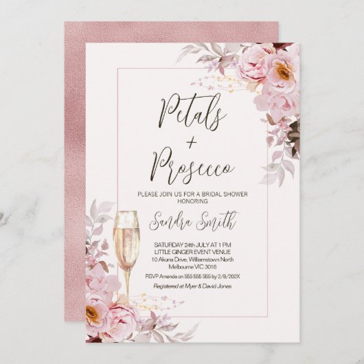 赤面フローラフレーム花びらプロセッコブライダルシャワー 招待状 (正面/裏面)