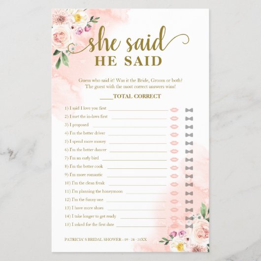 赤面フローラブライダルシャワー彼は彼女はゲームを言った チラシ (正面)