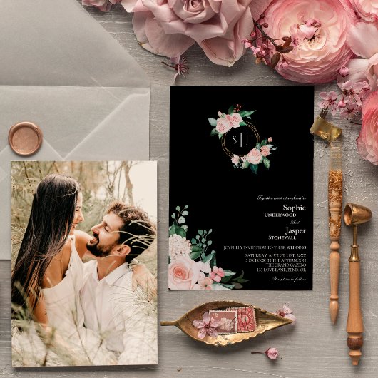 赤面フローラブラックモノグラム結婚写真 招待状