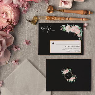 赤面フローラブラック結婚のシンプルRSVPカード 出欠カード