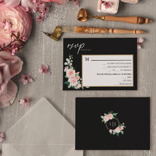 赤面フローラブラック結婚のメニューRSVPカード 出欠カード