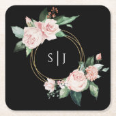 赤面フローラブラック結婚ズモノグラム スクエアペーパーコースター (正面)
