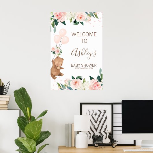 赤面フローラベアーバルーンベビーシャワー歓迎サイン ポスター (ホームオフィス)
