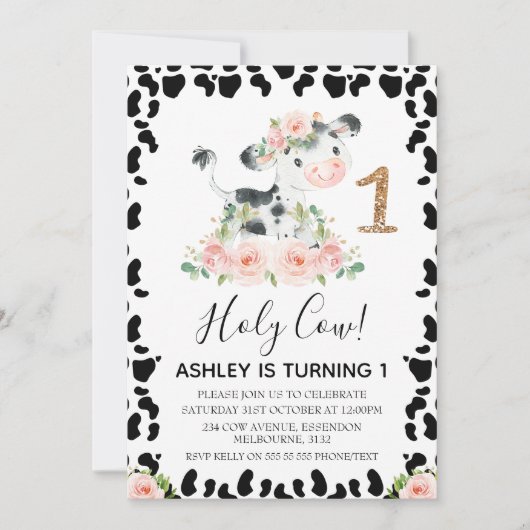赤面フローラホーリーカウカウカウカプリント1st誕生日 招待状 (正面)