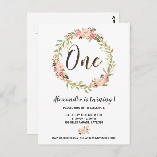 赤面フローラリースワン最初の誕生日招待状 ポストカード (正面/裏面)