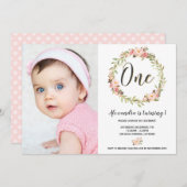 赤面フローラリースワン1歳の誕生日ガールフォト 招待状 (正面/裏面)