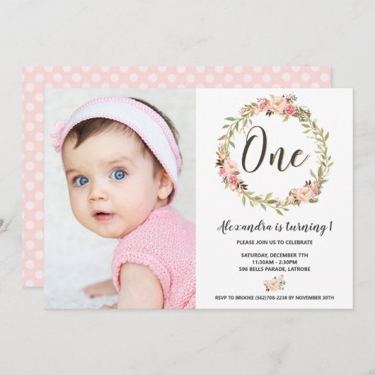 赤面フローラリースワン1歳の誕生日ガールフォト 招待状 (正面/裏面)