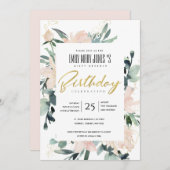 赤面フローラリース水の色ANY年齢誕生日 招待状 (正面/裏面)