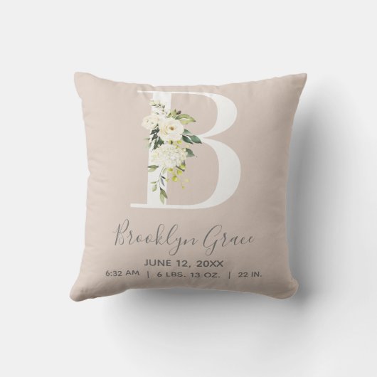 赤面フローラレターBモノグラムベビー誕生統計 クッション (裏面)