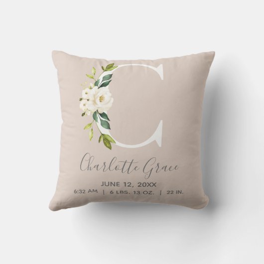赤面フローラレターCモノグラムベビー誕生統計 クッション (裏面)