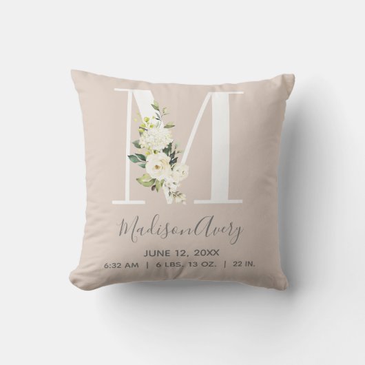 赤面フローラレターMモノグラムベビー誕生統計 クッション (正面)