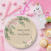 赤面フローラロマンチックエレガントなスクリプト緑 ペーパープレート (パーティー)