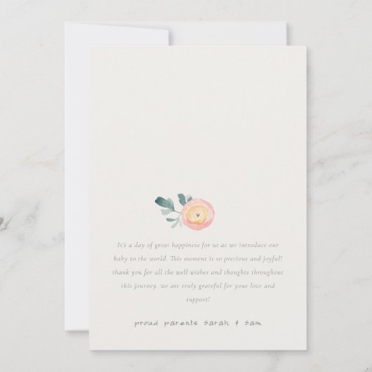 赤面フローラ写真ベビーガール誕生のお知らせ サンキューカード (裏面)