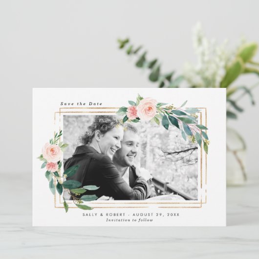 赤面フローラ写真結婚式の日付カードを保存 サンキューカード (スタンド正面)