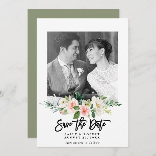 赤面フローラ写真結婚式の日付カードを保存 サンキューカード (正面/裏面)