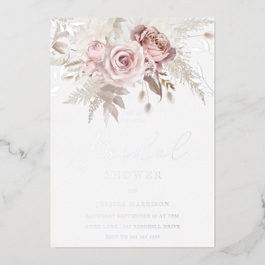 赤面フローラ実在ブライダルシャワー銀 箔招待状 (正面)