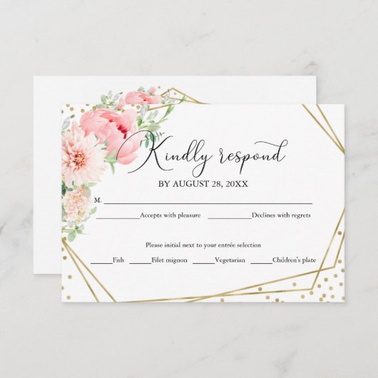 赤面フローラ幾何学的エレガントウェディングRSVPカード 出欠カード (正面/裏面)