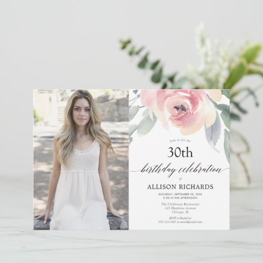 赤面フローラ水彩女性の成人誕生日写真 招待状 (スタンド正面)