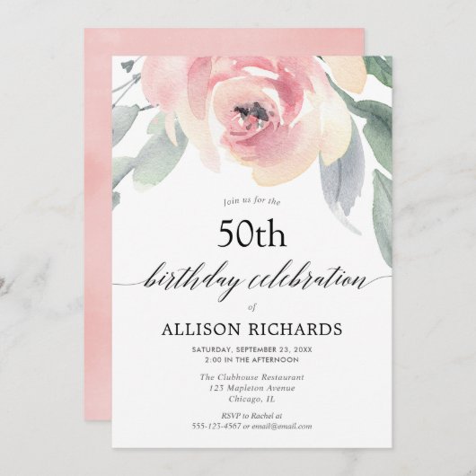 赤面フローラ水彩女性アダルトバースデーパーティー 招待状 (正面/裏面)