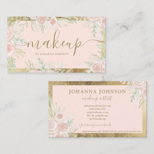 赤面フローラ水色ピンク金ゴールドフレームの構成 名刺 (正面/裏面)