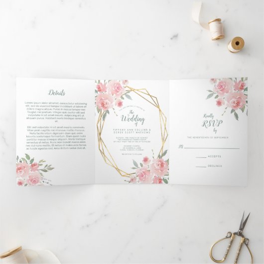 赤面フローラ水色金ゴールドフレーム写真結婚の 三つ折り招待状 (内部)