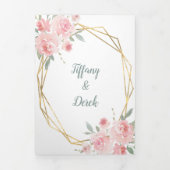 赤面フローラ水色金ゴールドフレーム写真結婚の 三つ折り招待状 (カバー)