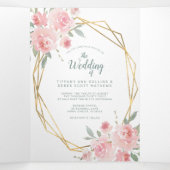 赤面フローラ水色金ゴールドフレーム写真結婚の 三つ折り招待状 (内部中)