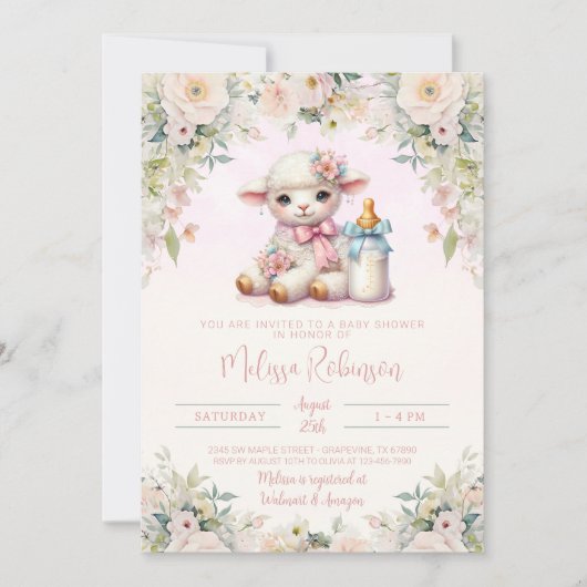 赤面フローラ生まれたばかりのラムベビーシャワー 招待状 (正面)