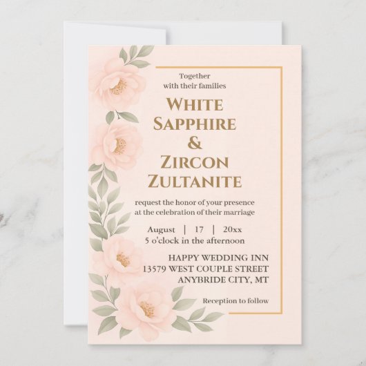 赤面フローラ結婚式招待状と金ゴールド枠 招待状 (正面)