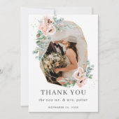 赤面フローラ緑の金ゴールド幾何学的結婚写真 サンキューカード (正面)