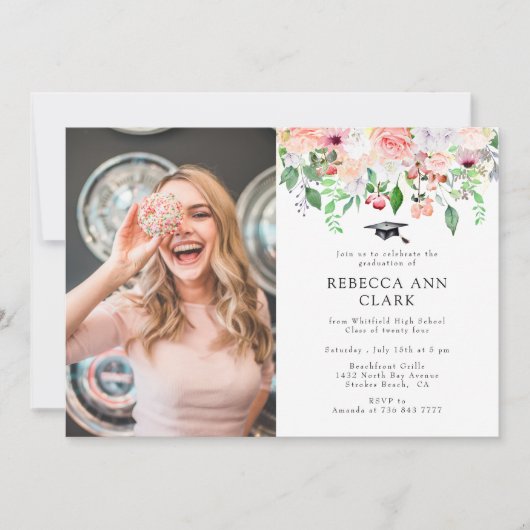 赤面フローラ緑カスタムの写真卒業 招待状 (正面)