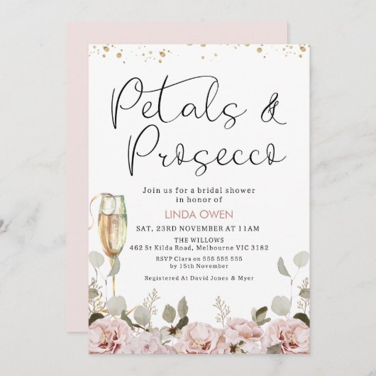 赤面フローラ花びらとプロセッコブライダルシャワー 招待状 (正面/裏面)