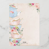 赤面フローラ茶パーティーブライダルシャワーバラ金ゴールド 箔招待状 (裏面)