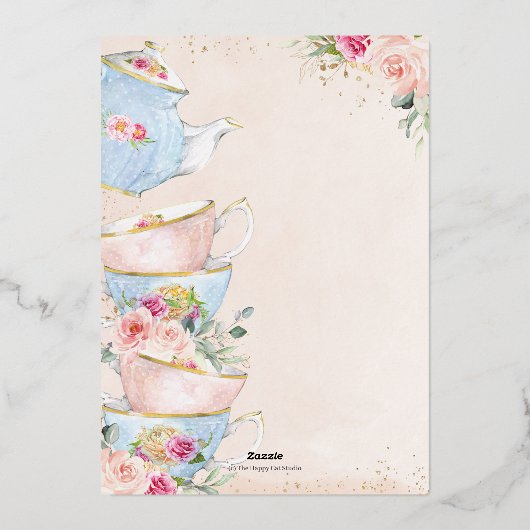 赤面フローラ茶パーティーブライダルシャワーバラ金ゴールド 箔招待状 (裏面)