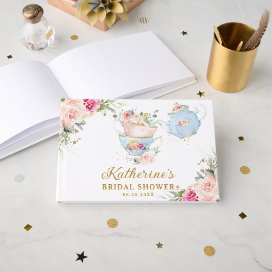 赤面フローラ茶パーティーベビーブライダルシャワー誕生日 ゲストブック (正面見開き)